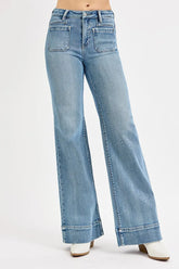 Retro High Rise Wide Flare Patch Pocket Jeans Plus Size Risen MEDIUM 0